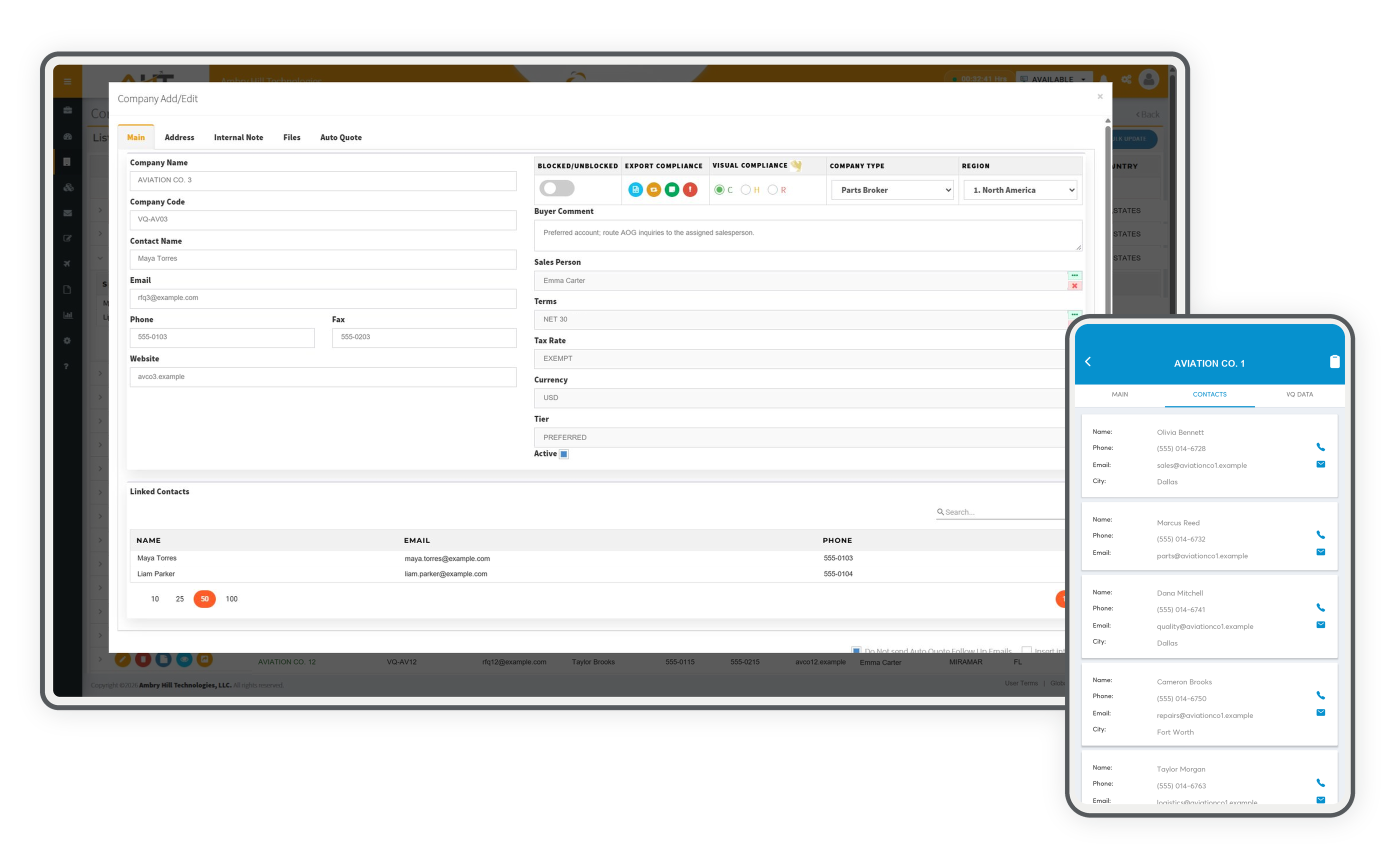 Vista-Quote company account workspace on desktop and mobile contacts