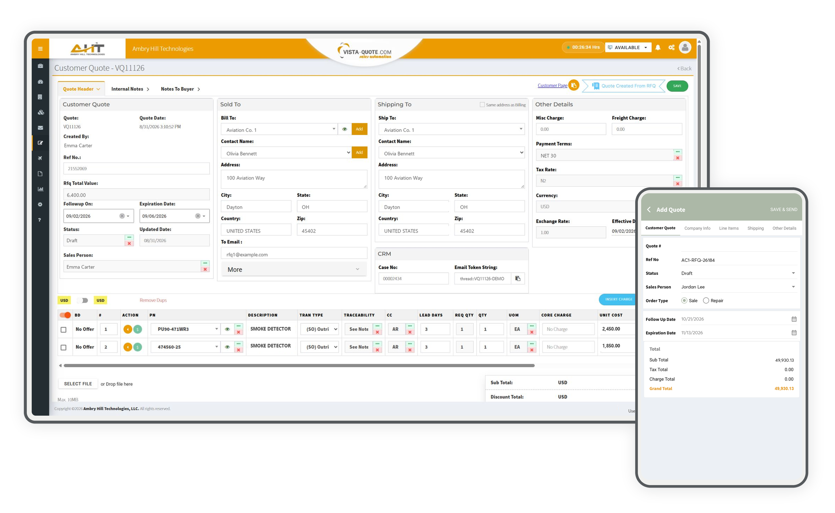 Vista-Quote customer quote workspace on desktop and mobile screens
