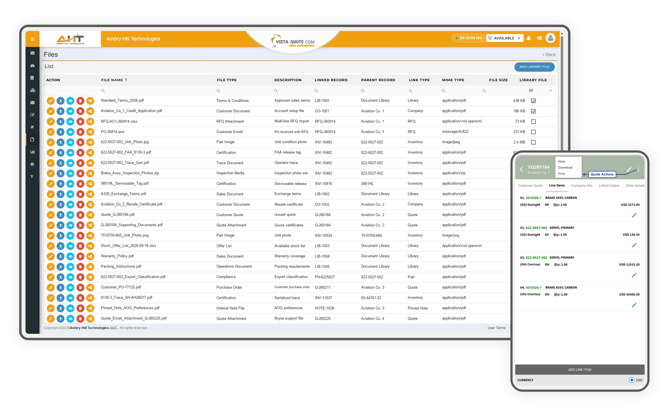 Vista-Quote file library on desktop and completed quote record on mobile