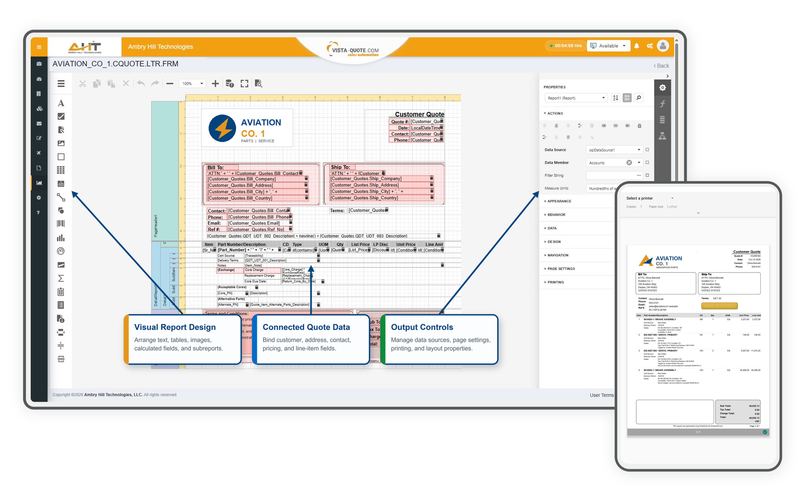 Vista-Quote report designer on desktop and quote print preview on mobile