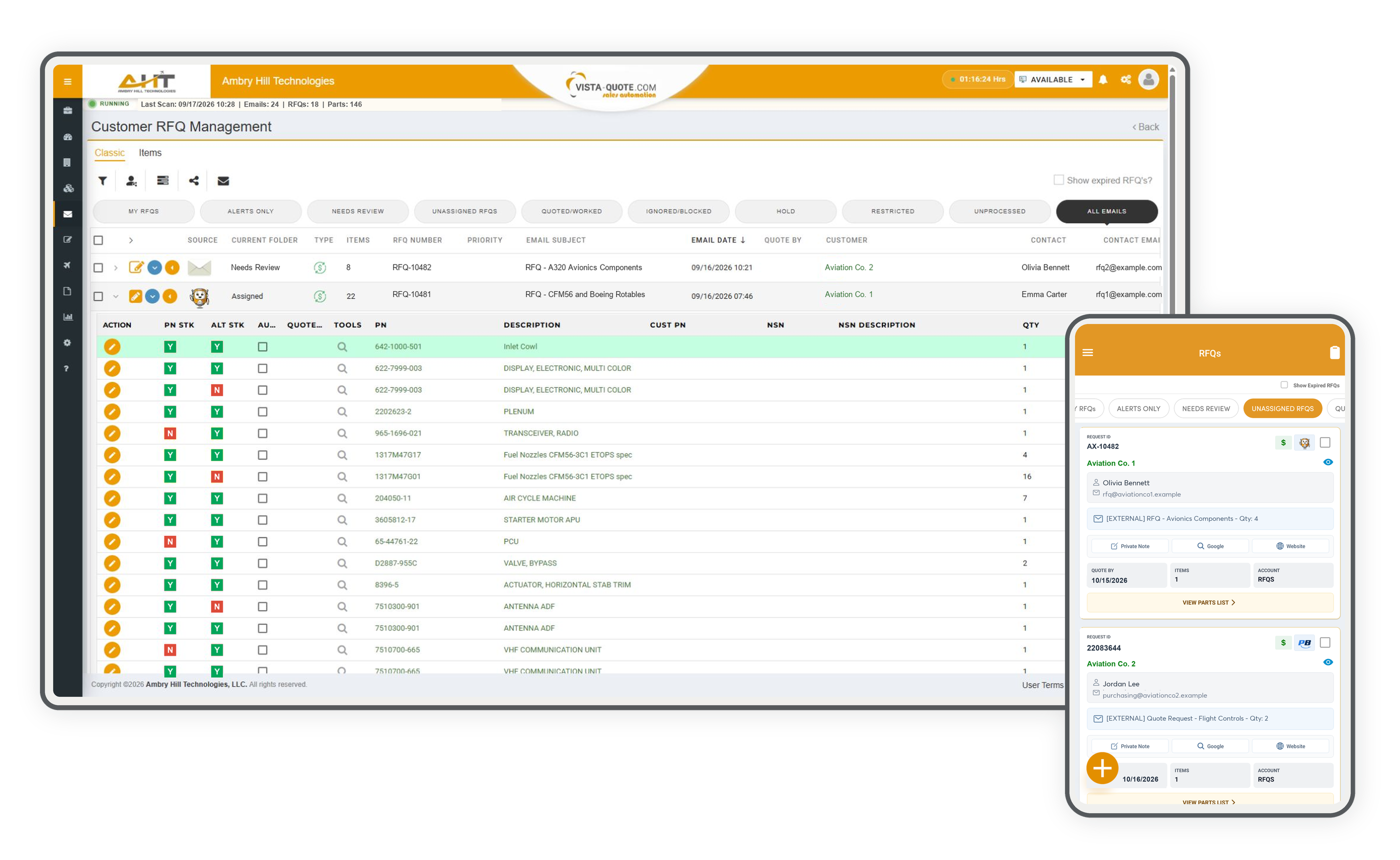Vista-Quote inbound RFQ management on desktop and phone screens