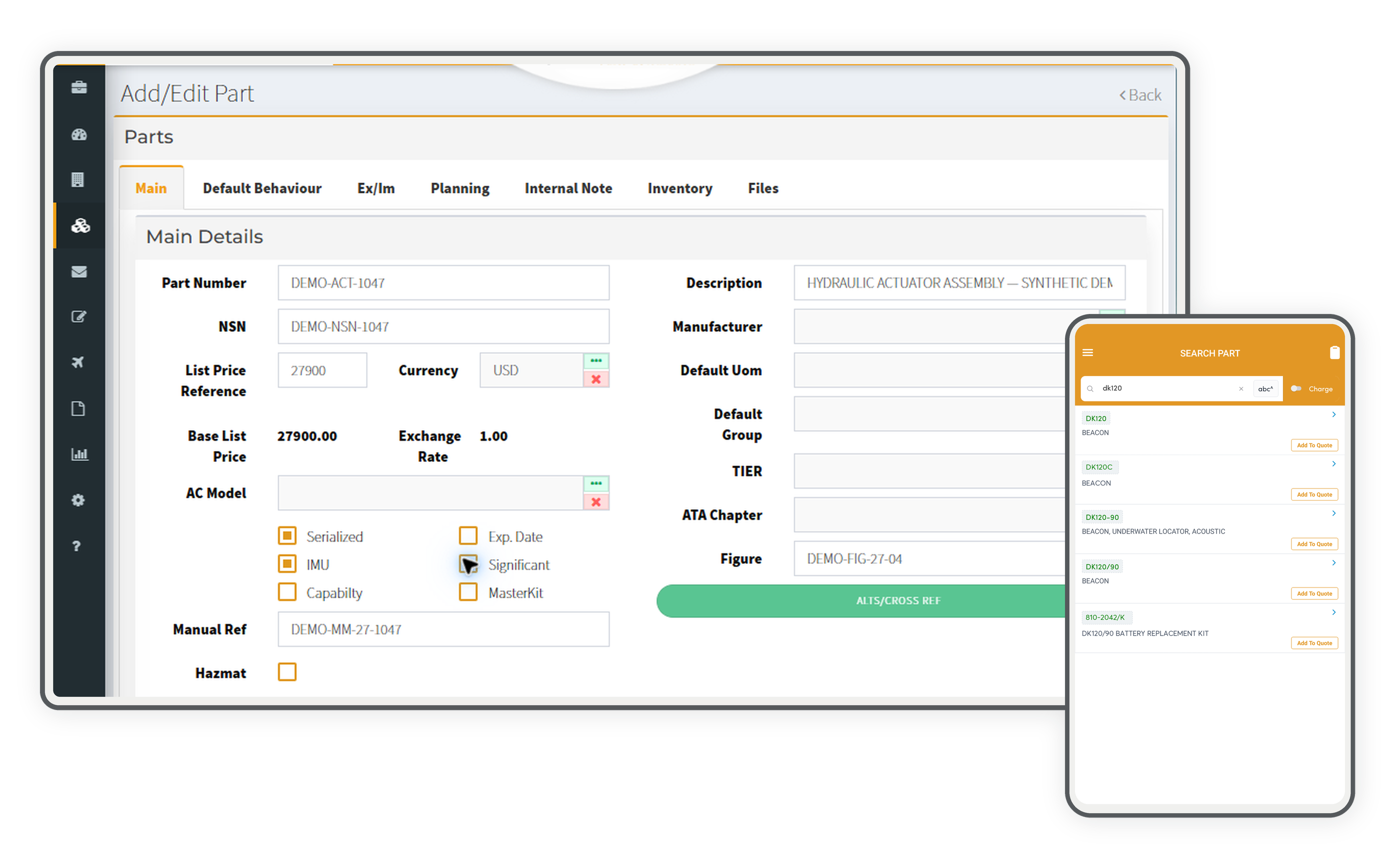 Vista-Quote part record on desktop and mobile part search