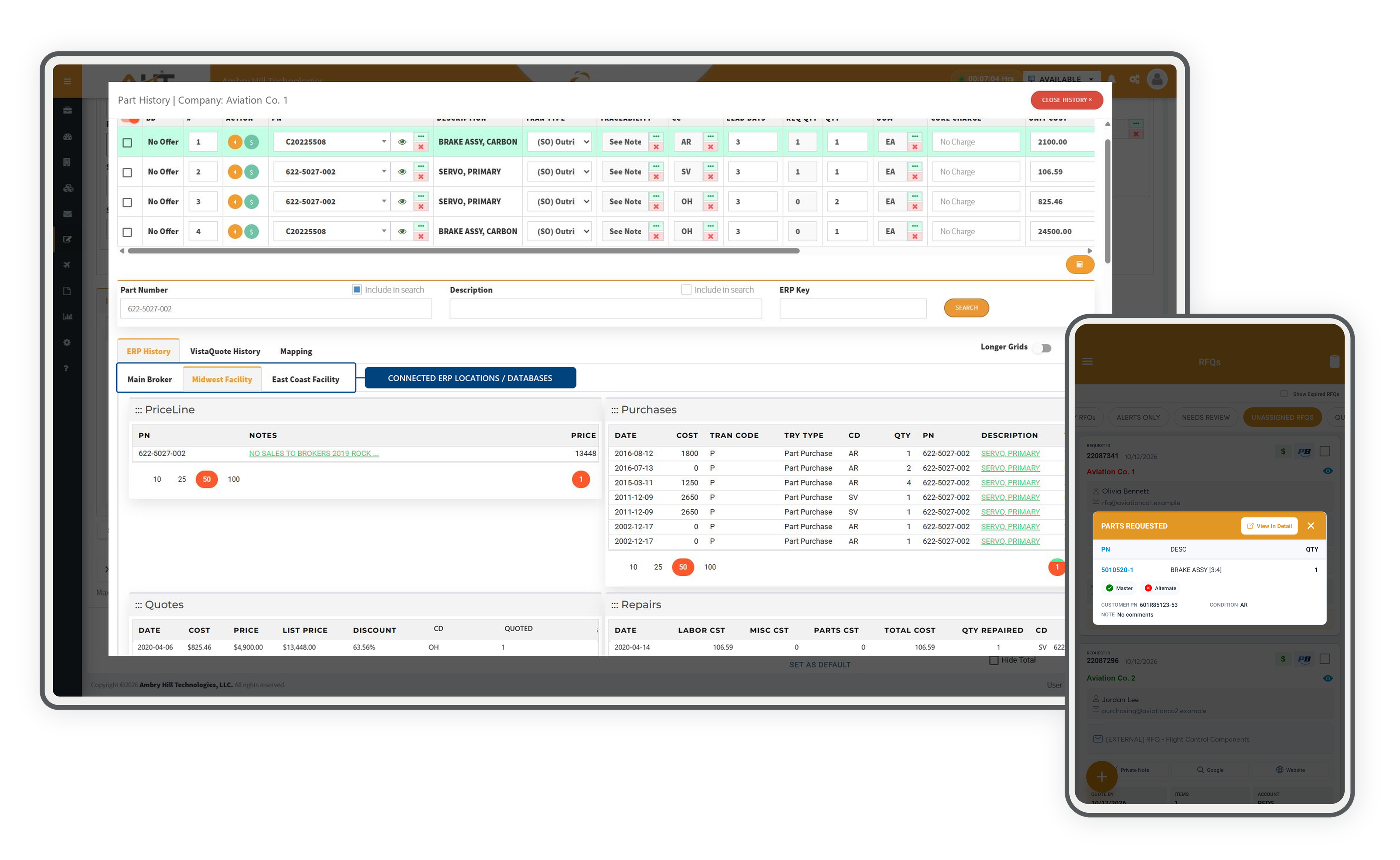 Connected ERP history on desktop with Vista-Quote requested-part context on mobile