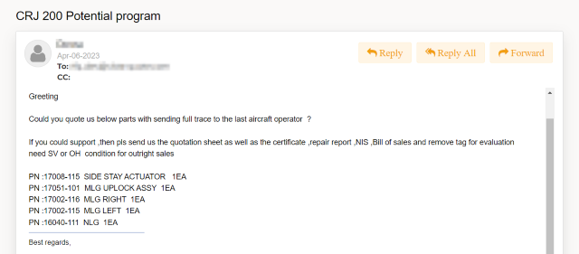 another example of an aviation rfq email