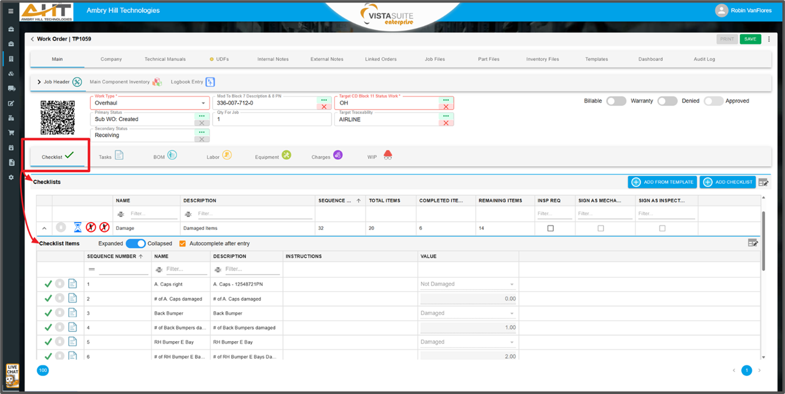 Vista-Suite Work Order Screen with FAA Digital Signature