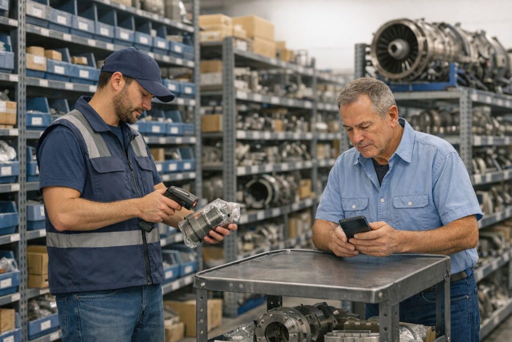 Aviation warehouse team with mobile app