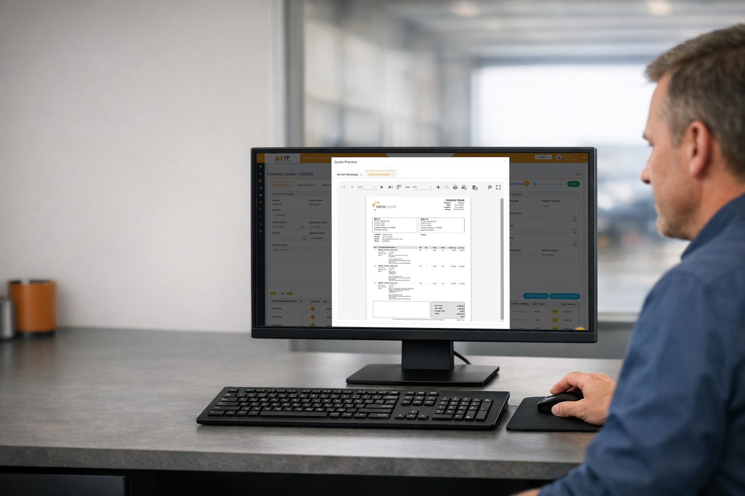 Sales professional reviewing a multi-RFQ quote in Vista-Quote