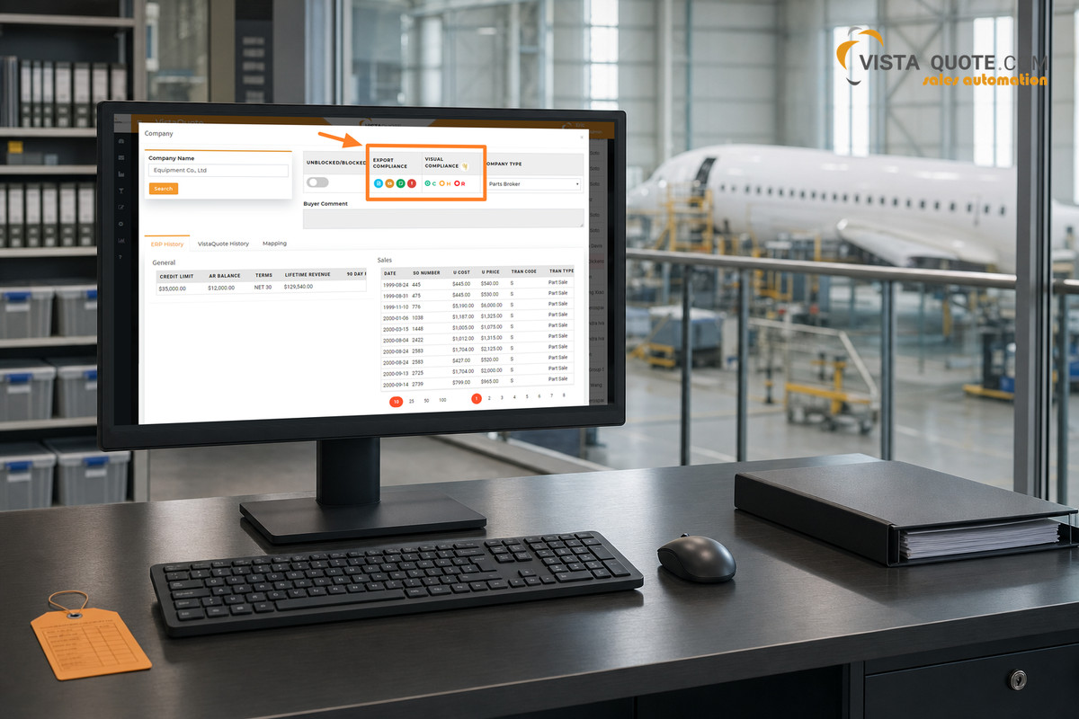 Aviation sales professional reviewing a company export-compliance status in Vista-Quote