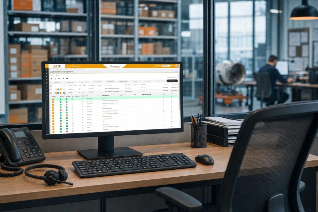 Unoccupied aviation RFQ coverage workstation displaying the Vista-Quote inbound RFQ queue, with an employee working in the background.
