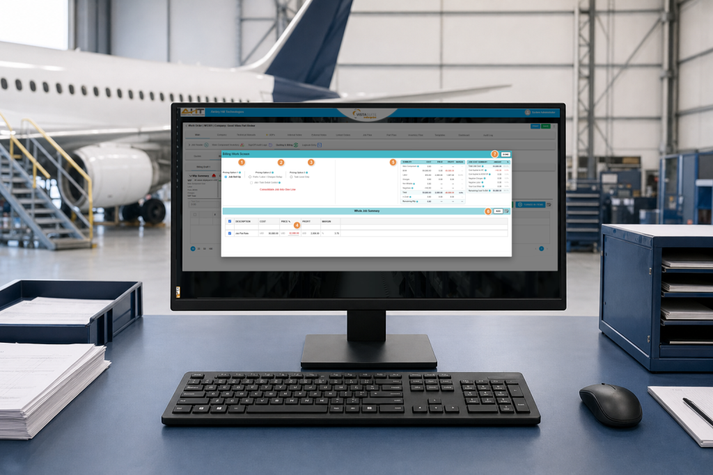 Vista-Suite Enterprise Billing Work Screen showing Work Order pricing options and cost, price, profit, and margin details at an aviation MRO workstation.