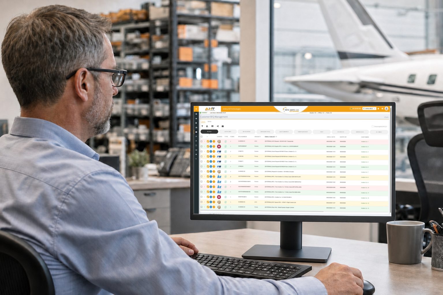 Aviation sales manager reviewing assigned RFQs in Vista-Quote at a workstation beside an aircraft and parts-storage area.