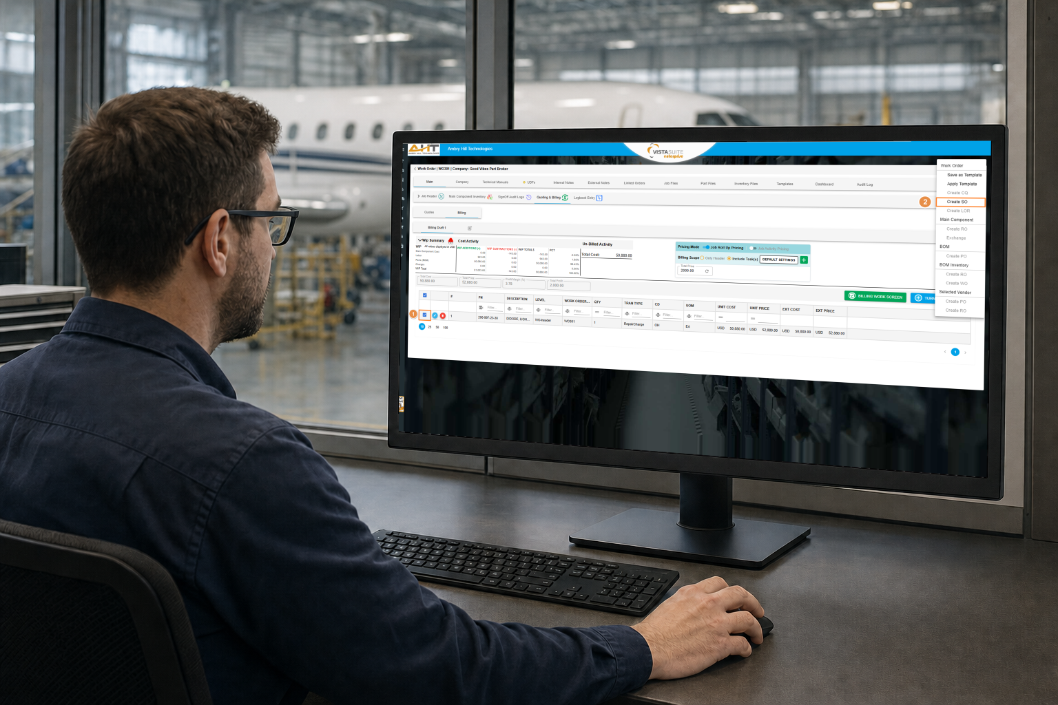 Vista-Suite Enterprise Work Order screen with the Create Sales Order action open at an aviation MRO workstation.